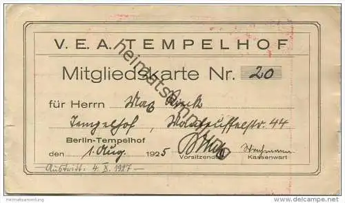 Berlin - Verein ehemaliger Abiturienten Tempelhof - Mitgliederkarte 1925