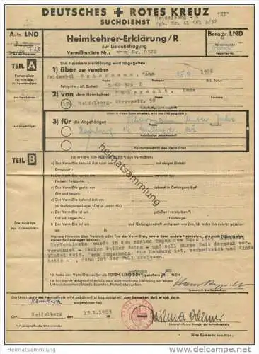 Deutsches Rotes Kreuz - Suchdienst - Heimkehrer-Erklärung / R - Aussage eines Heimkehrers 1953 über den Tod eines Vermis