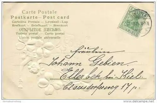 Prosit Neujahr - Frau in den Wolken - Glücksklee - Prägedruck