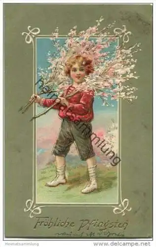 Fröhliche Pfingsten - Junge mit blühenden Zweigen - Prägedruck