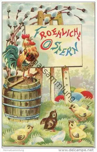 Froehliche Ostern - Hahn - Küken - Prägedruck