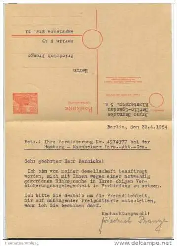 Postkarte Berlin P 7 - gelaufen am 22.4.1954 als Ortskarte - Antwortkarte ungebraucht anhängend