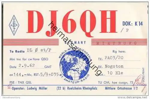 QSL - QTH - Funkkarte - DJ6QH - Rülzheim - 1962