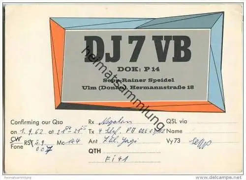 QSL - QTH - Funkkarte - DJ7VB - Ulm - 1962