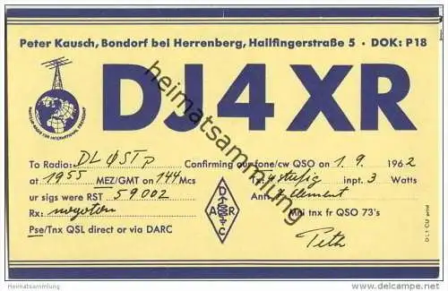 QSL - QTH - Funkkarte - DJ4XR - Bondorf bei Herrenberg - 1962