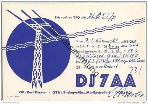 QSL - QTH - Funkkarte - DJ7AA - Bissingen / Enz - 1962
