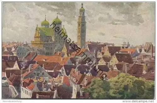Augsburg - Blick auf Rathaus und Perlachturm - Aquarell-Kunstkarte J. Marschall