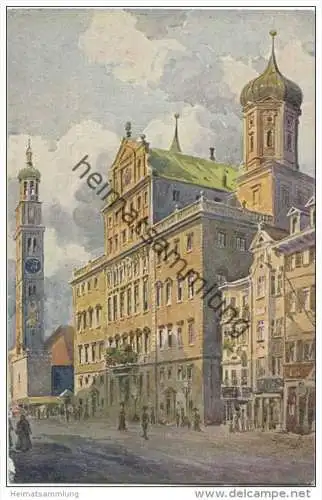 Augsburg - Rathaus und Perlachturm - Aquarell-Kunstkarte J. Marschall
