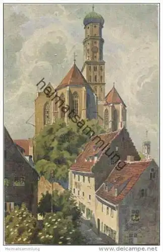 Augsburg - St. Ulrichkirche von Osten - Aquarell-Kunstkarte J. Marschall