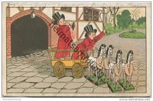 Comic - Spielzeugwelt - Schaukelpferd - Vierergespann - Rückseite beschrieben ca. 1900