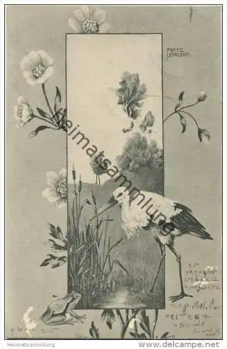 Storch - Frosch - Künstlerkarte Fritz Smrczka