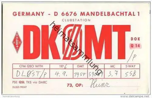 QSL - QTH - Funkkarte - DK0MT - Mandelbachtal - 1976