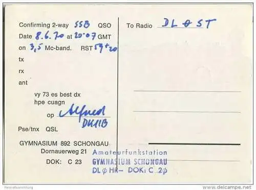 QSL - QTH - Funkkarte - DL0HR - Schongau - Gymnasium - 1970