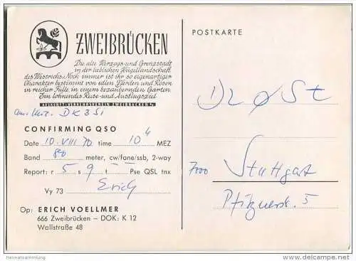 QSL - QTH - Funkkarte - DL9IB - Zweibrücken - 1970