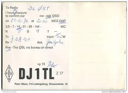 QSL - QTH - Funkkarte - DJ1TL - Ludwigsburg - 1970