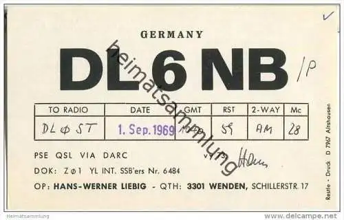 QSL - QTH - Funkkarte - DL6NB - Braunschweig-Wenden - 1969