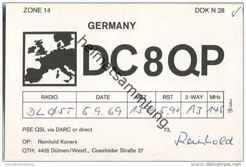 QSL - QTH - Funkkarte - DC8QP - Dülmen - 1969