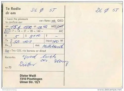 QSL - QTH - Funkkarte - DK3SL - Plochingen - 1970