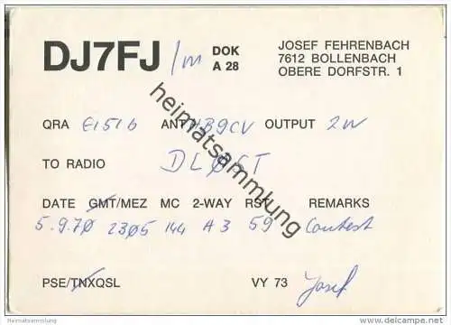 QSL - QTH - Funkkarte - DJ7FJ - Bollenbach - 1970