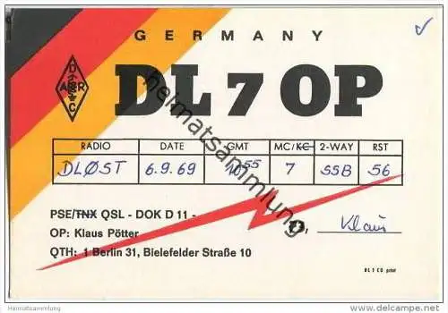 QSL - QTH - Funkkarte - DL7OP - Berlin-Wilmersdorf - 1969