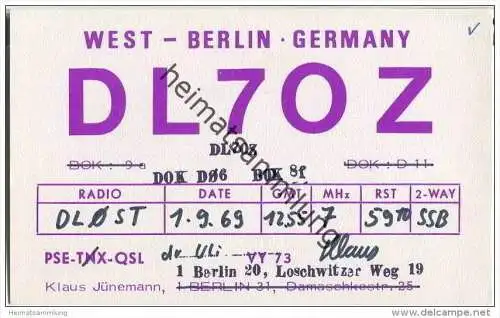 QSL - QTH - Funkkarte - DL7OZ - Berlin-Spandau - 1969