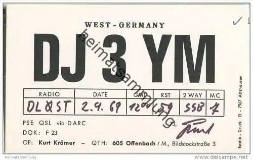 QSL - QTH - Funkkarte - DJ3YM - Offenbach - 1969
