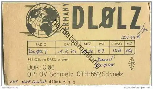 QSL - QTH - Funkkarte - DL0LZ - Schmelz - 1975