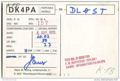 QSL - QTH - Funkkarte - DK4PA - Weyerbusch - 1975