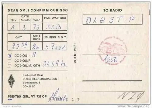 QSL - QTH - Funkkarte - DC9QU - Recklinghausen - 1975