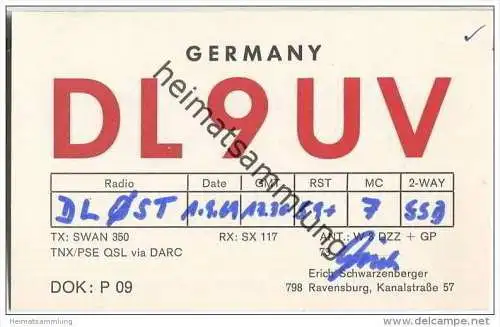 QSL - QTH - Funkkarte - DL9UV - Ravensburg - 1969