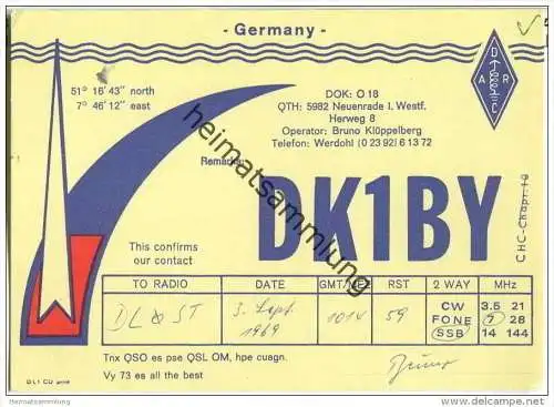 QSL - QTH - Funkkarte - DK1BY - Neuenrade - 1969