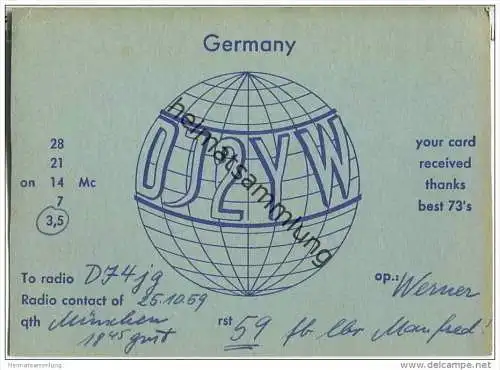 QSL - QTH - Funkkarte - DJ2YW - München - 1959