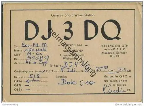 QSL - QTH - Funkkarte - DJ3DQ - Heesen - Hilgermissen - 1958