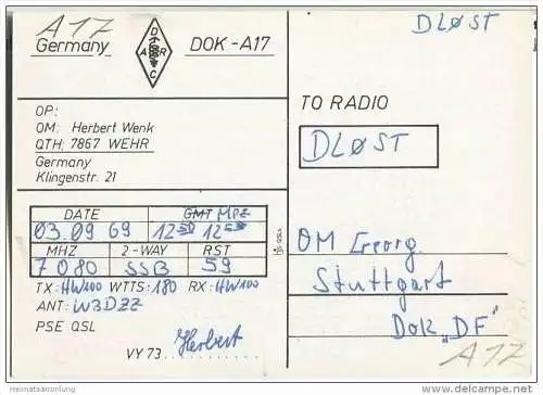 QSL - QTH - Funkkarte - DK3HW - Wehr - 1969