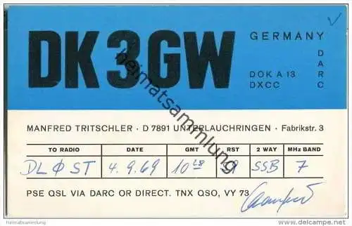 QSL - QTH - Funkkarte - DK3GW - Unterlauchringen - 1969