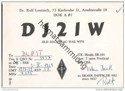 QSL - QTH - Funkkarte - DJ2IW - Karlsruhe - 1969