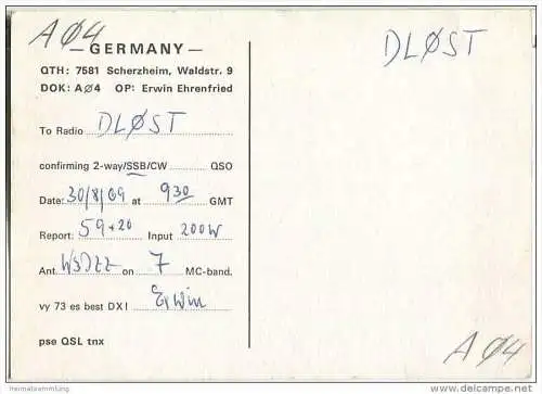 QSL - QTH - Funkkarte - DJ2PF - Scherzheim - 1969