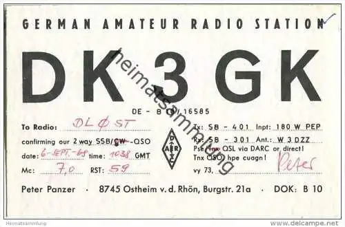 QSL - QTH - Funkkarte - DK3GK - Ostheim vor der Rhön - 1969