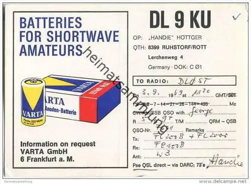 QSL - QTH - Funkkarte - DL9KU - Ruhstorf an der Rott - 1969
