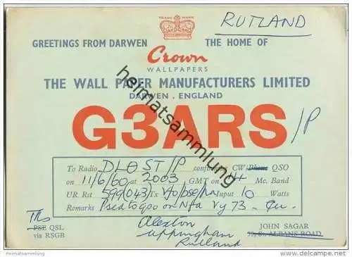 QSL - QTH - Funkkarte - G3ARS - England - Darwen - Crown Wallpapers - 1960