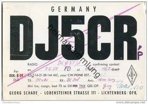 QSL - QTH - Funkkarte - DJ5CR - Lichtenberg (Ofr.) - 1959