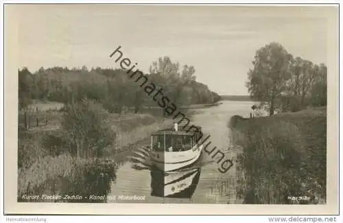 Flecken Zechlin - Kanal mit Motorboot - Foto-AK 1955