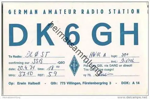 QSL - QTH - Funkkarte - DK6GH - Villingen - 1971