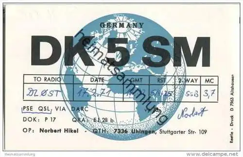 QSL - QTH - Funkkarte - DK5SM - Uhingen - 1971
