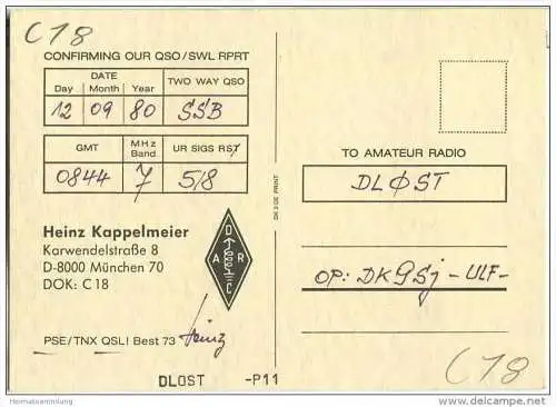QSL - QTH - Funkkarte - DK9NJ/P - München - 1980