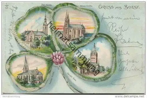Soest - Glitter- Kleeblattkarte - Petri-Kirche - Wiese-Kirche - Patrokli-Dom - Thomae-Kirche - signiert E. Schlemo 98