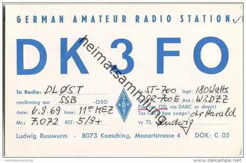 QSL - QTH - Funkkarte - DK3FO - Koesching - 1969