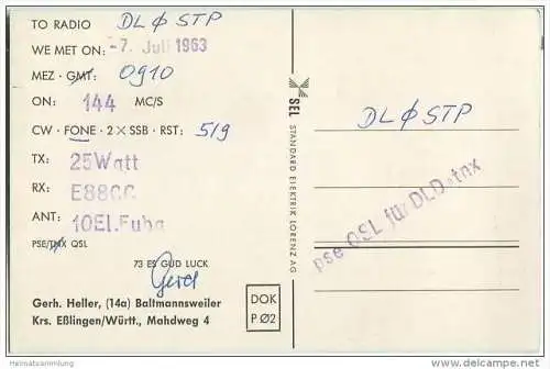 QSL - QTH - Funkkarte - DL9JG - Baltmannsweiler - 1963