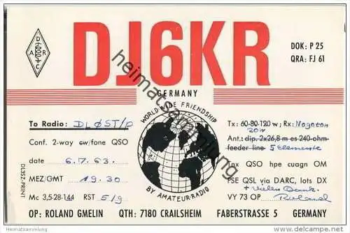 QSL - QTH - Funkkarte - DJ6KR - Crailsheim - 1963