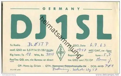 QSL - QTH - Funkkarte - DJ1SL - Backnang - 1963